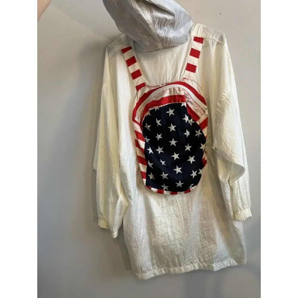 VTG 80s USA Flag Jacket Converts To Backpack Parachute Americana Stars Stripes L